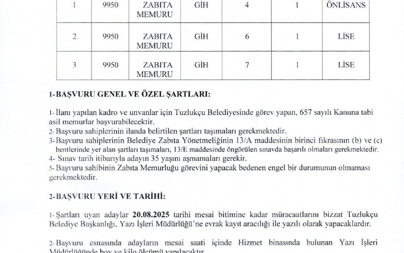 TUZLUKÇU BELEDİYE BAŞKANLIĞINDAN KURUM İÇİ ZABITA MEMURU SINAV İLANI 